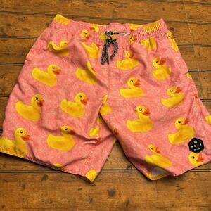 NEFF Board Shorts‎ Swim Trunks Mens M Drawstring Yellow Rubber Duck Pink Surf